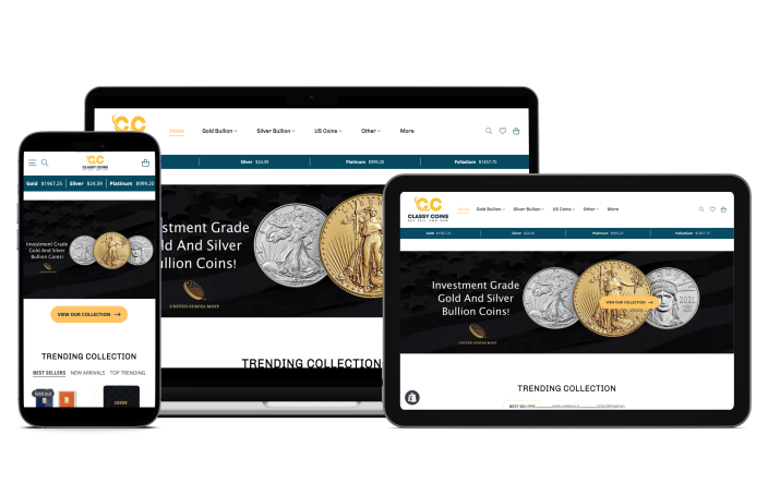Classy Coins Website Design Mockup - Responsive Design Across Multiple Devices